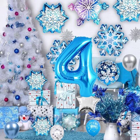 40IN 4 Balloon Numbers, 4 Balloon Snow Birthday Party Decorations, Snowflake Balloons, Silver and Blue Balloons, 4th Birthday Decorations for Girl Teen in Saudi Arabia