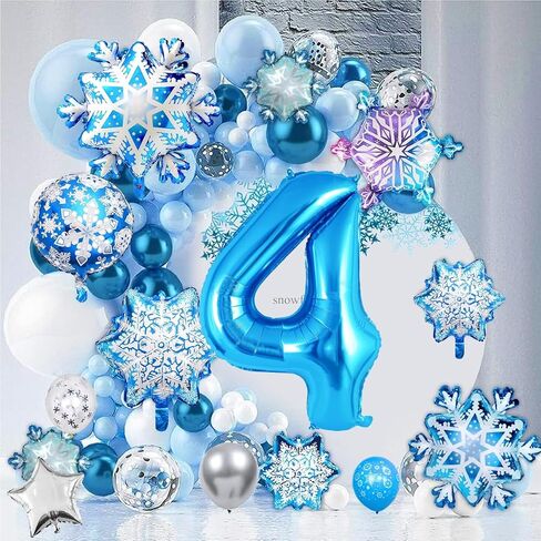 40IN 4 Balloon Numbers, 4 Balloon Snow Birthday Party Decorations, Snowflake Balloons, Silver and Blue Balloons, 4th Birthday Decorations for Girl Teen in Saudi Arabia