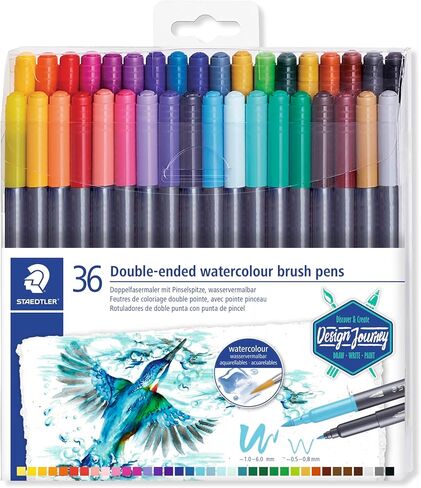 Staedtler Duo-Ended Markers, Watercolor, Brush Tip/Fine Tip, Black Barrels, Assorted Ink Colors, Pack Of 36 Markers in Saudi Arabia