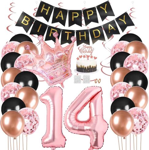Juland 14th Birthday Party Decorations Black Gold Rose Happy Birthday Banner Latex Balloon Confetti Balloon Pink Crown 14 Number Foil Balloon Hanging Swirl with Cake Topper for Boy Girl Men Women in Saudi Arabia