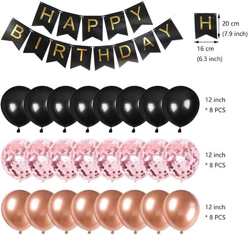 Juland 14th Birthday Party Decorations Black Gold Rose Happy Birthday Banner Latex Balloon Confetti Balloon Pink Crown 14 Number Foil Balloon Hanging Swirl with Cake Topper for Boy Girl Men Women in Saudi Arabia