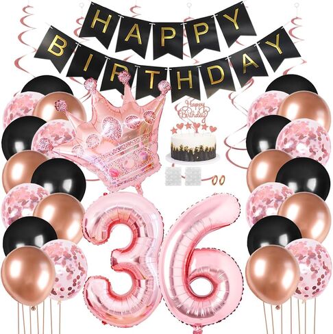 Juland 14th Birthday Party Decorations Black Gold Rose Happy Birthday Banner Latex Balloon Confetti Balloon Pink Crown 14 Number Foil Balloon Hanging Swirl with Cake Topper for Boy Girl Men Women in Saudi Arabia