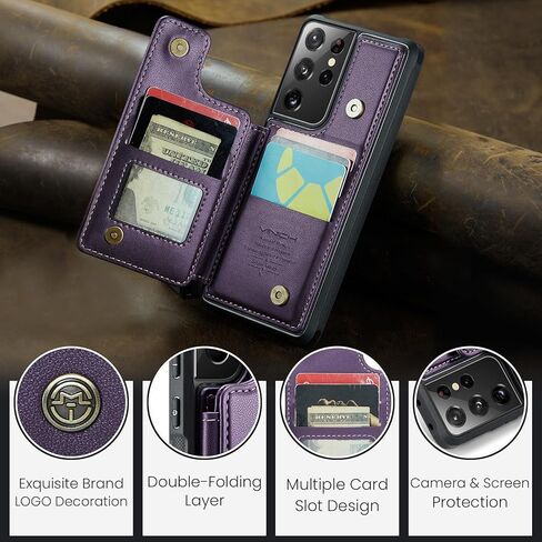 حافظة Vinich لهاتف Samsung Galaxy S21 Ultra مع حامل بطاقات، حافظة محفظة فائقة لهاتف Samsung S21 للنساء والرجال مع خاصية حجب RFID، حافظة متينة مقاومة للصدمات لهاتف Galaxy S21 Ultra 5G، أرجواني in Kuwait