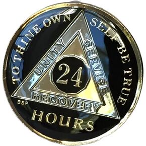 24 Hours Classic Black Tri Plate AA Medallion Sobriety Chip Gold & Nickel Plated