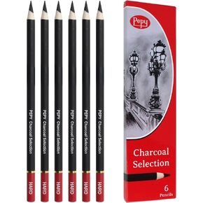 Pepy Professional Hard Charcoal Pencil Set – Set of 6 Pre-Sharpened Black Charcoal Pencils; Perfect for Drawing, Sketching, Blending and Shading