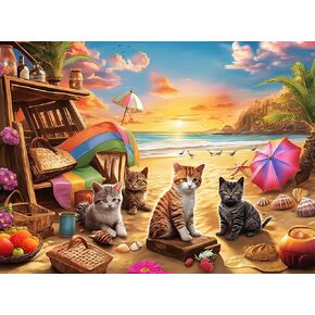 Extra Large Pieces Jigsaw Puzzles for Adults - 100 Piece Puzzles for Kids Ages 8-10 10-12 - Large Piece Puzzles for Seniors - Cats Seaside Sunset