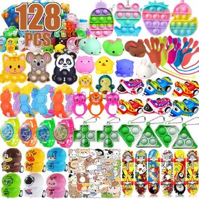 128 Pcs Party Favors for Kids, Pop Fidget Toys Bulk, Treasure Box Toys, Pinata Stuffers, Classroom Prizes, Goodie Bag Filler, Treasure Chest Carnival Prize for Boys Girls 4-8