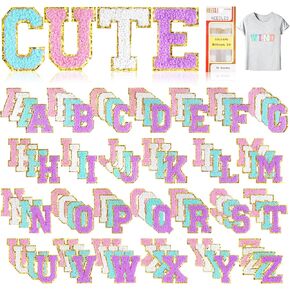 104 Pcs Chenille Letter Patches Iron on Letter Patches,Self Adhesive Patches for Hats with 16 Pcs Embroidery Needles for Clothing, Hats,Bags, Jacket, Backpacks, Jeans(White, Pink, Purple, Blue)