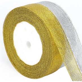 joycraft 3/4 Inch Glitter Ribbons, 50Yards Christmas Gift Ribbon, Metallic Glitter Ribbons, Sparkly Fabric Ribbons for Gift Wrapping, DIY Crafts, Party Deco, Wedding(Gold Silver)