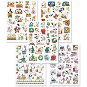 Peanuts Gang Snoopy Charlie Brown Lucy Linus Character Christmas Easter Thanksgiving Halloween 4th of July Seasonal Holiday Sticker Set, 5 Sheets 118 Stickers