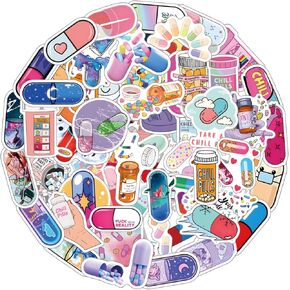 65Pcs Pill Stickers Pack,Cartoon Aesthetic Vinyl Waterproof Sticker Decals for Water Bottle,Laptop,Phone,Skateboard,Scrapbooking,Bumper Decor for Kids Teens Adults Fans for Party Supply Decor