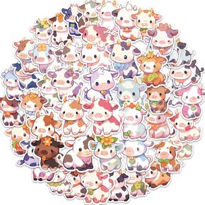 50 Pieces Kawaii Cow Stickers for Kids, Aesthetic Cartoon Rainbow Cow Stickers, Cute Animal Waterproof Vinyl Decal for Kids Teens Laptop Skateboard Water Bottle Phone Case, Pink, CCL001