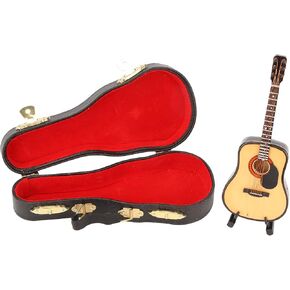 HEEPDD 13cm Wooden Miniature Guitar with Stand and Case Mini Musical Instrument Dollhouse Model for Home Decoration