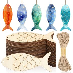 Gerrii 72 Pieces Wood Fish Cutouts Unfinished Wood Fish Shape Cutouts with Holes Blank Wooden Hanging Ornaments Slices with Twine for DIY Crafts Party Decoration