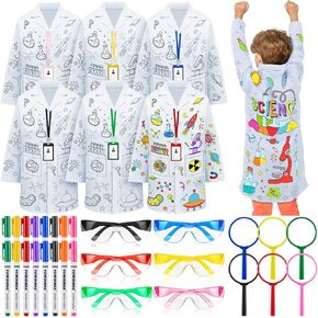 Jecery 6 Sets Color Your Own Science Costume for Kids with 6 Colored Lab Safety Glasses and 6 Colored Magnifiers Scientist Lab Coat for Boys Girls Scientist Birthday Party Favors
