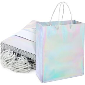 Sparkle and Bash 24 Pack Holographic Silver Gift Bags with Handles, 8x4x10 Inch for Wedding, Birthday, Retail, Small Business, Shopping
