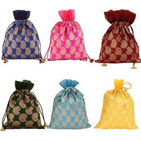 Touchstone Gorgeous Gift Wrapping bags reusable Large Drawstring Paisley Brocade for birthdays, wedding, return present packing set. pack of 6. 9x7 inches