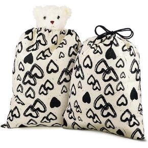 2 Pieces Large Gift Drawstring Bag Large Canvas Gift Colorful Heart Print Present Wedding Wrapping Reusable Present Wrap Bags, 20 x 16 in (Black, heart)