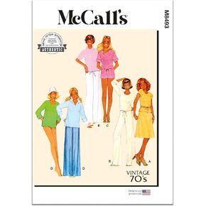 McCall's Easy-to-Make Vintage 1970's Misses' Knit Tops, Skirt, Pants and Shorts Sewing Pattern Packet, Design Code M8493, XS-S-M-L, Multicolor