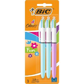 Bic 4 Colours Fun Retractable Ballpoint Pens - Box of 12 with Light Blue Pastel Barrel and Medium Point (1.0 mm)