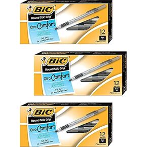 BIC Round Stic Grip Xtra Comfort Ball Pen Fine Point .8mm Black 3DOZEN GSFG11-BE