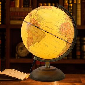 Illuminated Globe of the World with Wooden Stand, 8'' Vintage World Globe Built in LED Night Light, Antique Desktop Globe for Kids&Adults' Geography Learning, Decor for Home Office Classroom