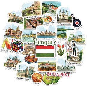 Navy Peony Harmonious Hungary Travel Stickers (28pcs) - Watercolor, Budapest, Hungarian-Themed Vacation Decals for Scrapbooks, Journal, Tumbler