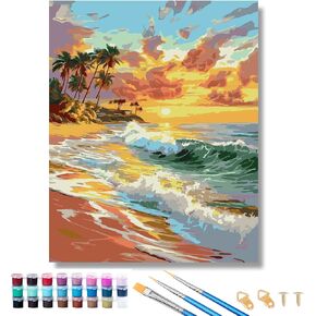 GUMONE Paint by Numbers Kit for Adults,Sunset Beach Paint by Numbers Kit for Adults,DIY Paint by Numbers Acrylic Paint Canvas Flowers Painting Kits Art 16x20 Inch