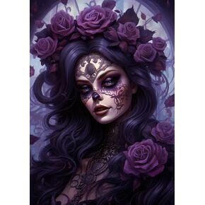 DIY Diamond Art Painting Kits for Adults Black and Purple Sugar Skull Girl Round Full Drill Canvas Gems Cross Stitch Art Kit 5D Painting by Diamond Mosaic Craft for Halloween 30x40cm(1)