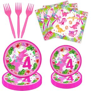80ps 4th Birthday Decorations Girl Dinosaur,Roar Im 4 Dinosaur Party Decorations, Dino Four Birthday Decorations Girl.