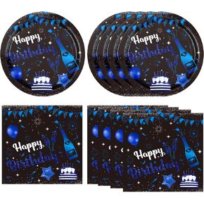 Happy Birthday Decorations Navy Blue Black Birthday Party Decorations Disposable Party Plates and Napkins for Women Men Baby Shower Supplies Decorations