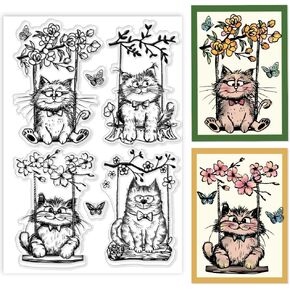 PH PandaHall Swing Cats Clear Stamps, Decorative Rubber Stamps Sheet Silicone Stamp Transparent Stamps for Card Making Photo Album Decoration and DIY Scrapbooking 6.2x4.3inch