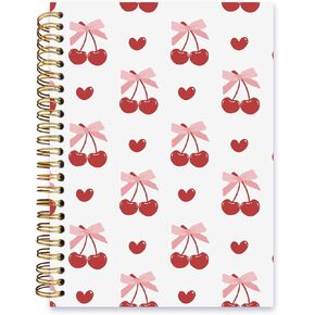 Cute Cherry Bow Notebook,Coquette Red Cherry Lined Spiral Notebook Hardcover,College Ruled Notebook,Office School Journal Notebook for Work,5.5x8.3 Inch 80 Pages,Gifts for Women Teen Girl