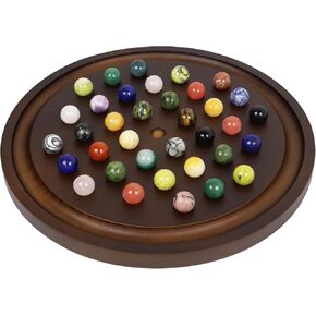 Large Solitaire Game Handmade Solid Wooden Marble Board Game Set with 36 Natural Marble Marbles Classic Thick Round Board Games for Adults Game Night (Walnut, Medium)