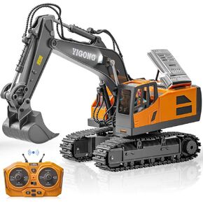Remote Control Excavator Toy, Construction Rc Digger for Kids Boys Age 4-14 Year Old Birthday, Rechargeable Excavator with Metal Shovel, Lights, Sounds, 2.4Ghz