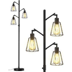 LEPOWER Industrial Floor Lamp, 3 x 800LM LED Edison Lamps Included, Floor Lamp for Bedroom with 90° Multi Head, Dimmable Floor Lamp Black Floor Lamp for Office, Bedroom, Farmhouse Decor