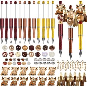 Beadable Pens Bulk Highland Cow Bead Pens with Assorted Colors Yak Gel Ink Pen DIY Making Kit Multicolor Ballpoint Pen Black Ink for Kids Students Office School, 12Sets/124Pcs