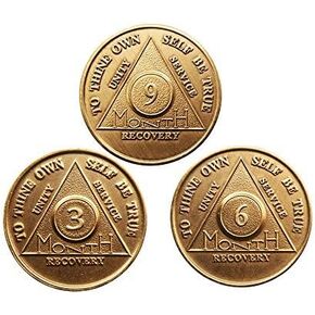 Set of AA Alcoholics Anonymous Medallions 3 6 9 Month 90 Days Chips Bronze Months Coins