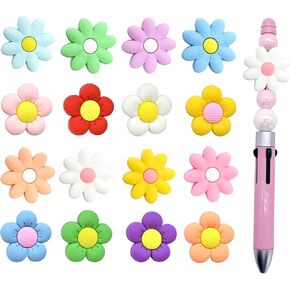 16PCS Colorful Flower Focal Beads Silicone Focal Bead for Pens Cute Flowers Bead Charms for Beadable Pen Keychain Making Necklace Bracelet Jewelry Students Gift Scool Awards