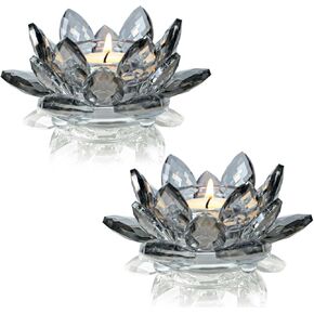 Crystal Lotus Flower Tealight Candle Holders/Glass Tea Light Candlestick Decor Decoration for Christmas Home Wedding Party (Blue 1ps)