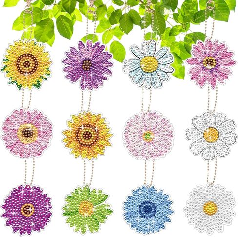 12PCS Flower Diamond Painting Keychains - 5D Diamond Painting by Numbers Kits Sunflower Diamond Key Chains Painting Acrylic Keychains Diamond Art Key Ring Pendant for Adults Beginners DIY Crafts in Saudi Arabia