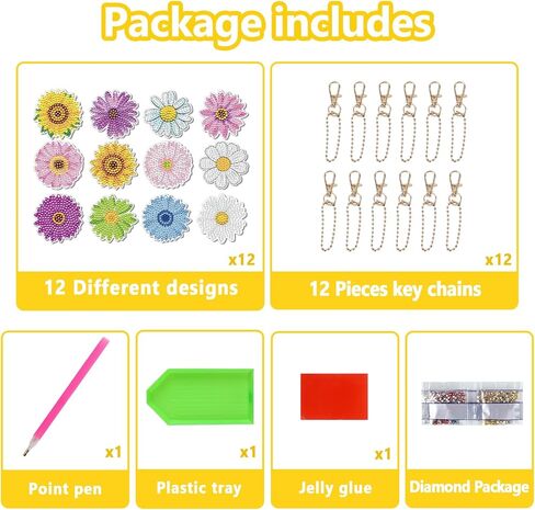 12PCS Flower Diamond Painting Keychains - 5D Diamond Painting by Numbers Kits Sunflower Diamond Key Chains Painting Acrylic Keychains Diamond Art Key Ring Pendant for Adults Beginners DIY Crafts in Saudi Arabia