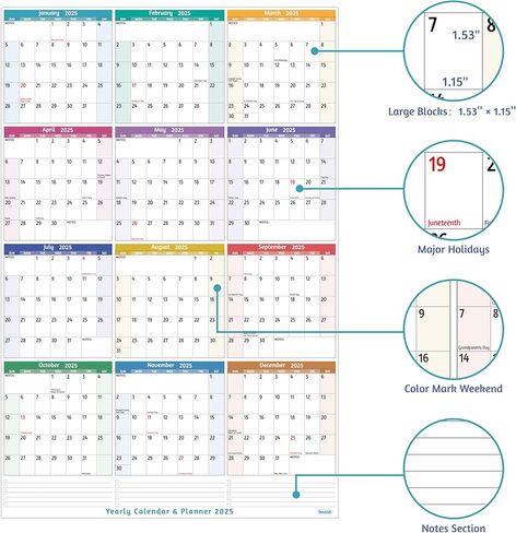 تقويم حائط سنوي 2025 - تقويم سنوي كبير 2025، يناير 2025 - ديسمبر 2025، 25.2 بوصة × 38.2 بوصة (مفتوح)، تقويم 2025 12 شهرًا، تقويم حائط سنوي 2025 مع قوائم المهام والملاحظات والملصقات، كل ذلك في صفحة واحدة in Kuwait