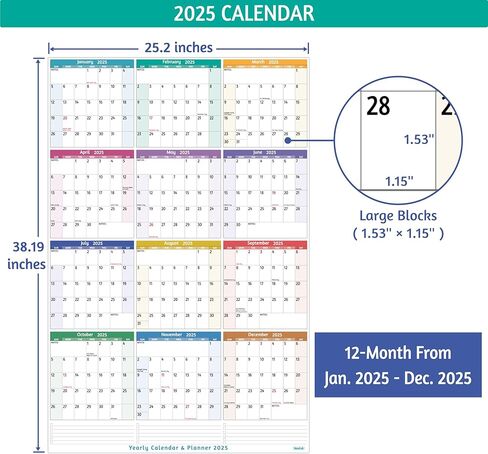 تقويم حائط سنوي 2025 - تقويم سنوي كبير 2025، يناير 2025 - ديسمبر 2025، 25.2 بوصة × 38.2 بوصة (مفتوح)، تقويم 2025 12 شهرًا، تقويم حائط سنوي 2025 مع قوائم المهام والملاحظات والملصقات، كل ذلك في صفحة واحدة in Kuwait