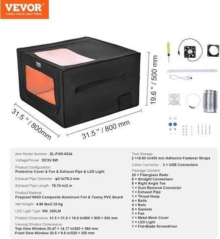 VEVOR Laser Engraver Enclosure 31.5 x 31.5 x 19.6, Dual-Direction Viewing, Flame Retardant and Fireproof Cover, with Exhaust Fan and Pipe, Insulates Smoke, Noise and Eye Protection, Black in Saudi Arabia