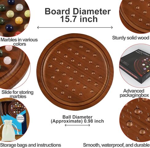 مجموعة ألعاب سوليتير كبيرة مصنوعة يدويًا من الرخام الخشبي الصلب مع 36 كرة من الرخام الطبيعي ألعاب لوحية مستديرة سميكة كلاسيكية للبالغين ليلة اللعب (جوز، متوسط) in Kuwait