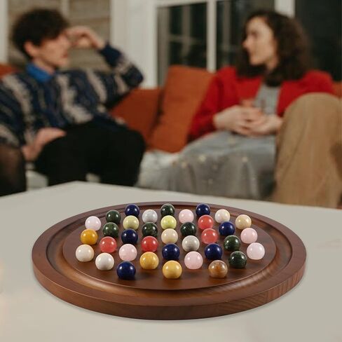 مجموعة ألعاب سوليتير كبيرة مصنوعة يدويًا من الرخام الخشبي الصلب مع 36 كرة من الرخام الطبيعي ألعاب لوحية مستديرة سميكة كلاسيكية للبالغين ليلة اللعب (جوز، متوسط) in Kuwait