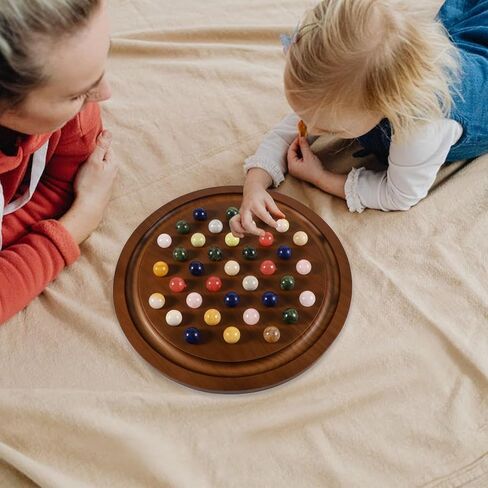 مجموعة ألعاب سوليتير كبيرة مصنوعة يدويًا من الرخام الخشبي الصلب مع 36 كرة من الرخام الطبيعي ألعاب لوحية مستديرة سميكة كلاسيكية للبالغين ليلة اللعب (جوز، متوسط) in Kuwait