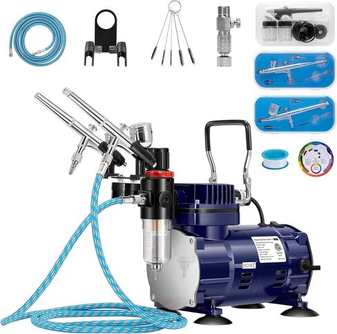 VIVOHOME Airbrush Kit with 1/5 HP Air Compressor and 3 Dual Action Professional Airbrush Gun, Gravity and Siphon Feed, Quiet Air Brush Paint Set with Holder, Color Wheel, Cleaning Brush, 2 Cup in Saudi Arabia