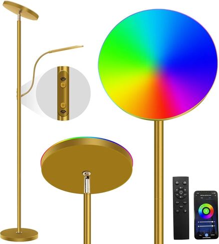 مصباح أرضي LED، مصباح أرضي للأم والطفل مقاس 67 بوصة، مصباح أرضي RGB متغير اللون مع ضوء للقراءة، إضاءة مزاجية مع جهاز تحكم عن بعد والتحكم في التطبيقات، مصباح ذهبي عالي القطب لغرفة المعيشة وغرفة النوم والمكتب والحفلات in Kuwait